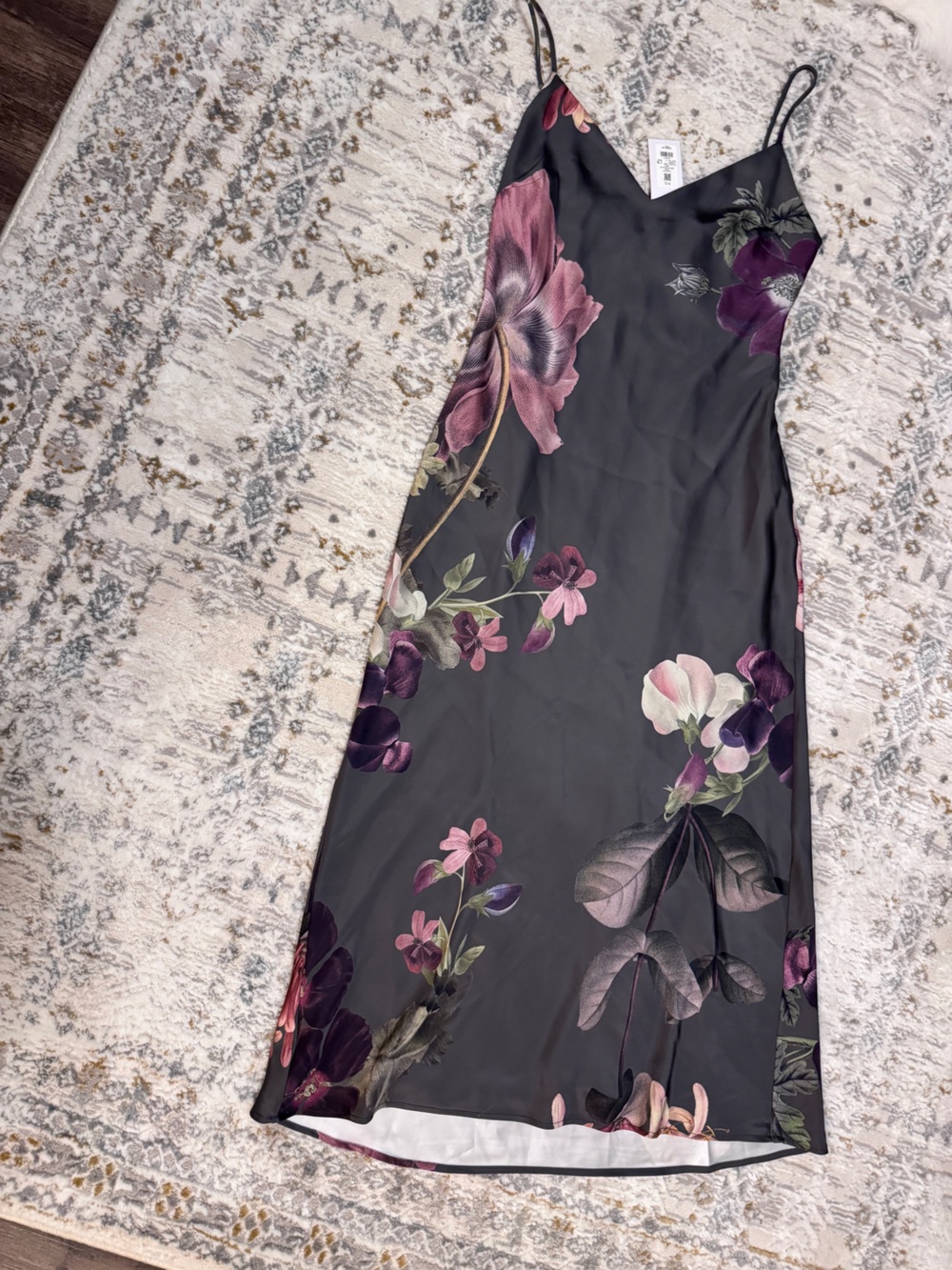 Dynamite Black Midi Slip Dress with Pink & Purple Floral Print